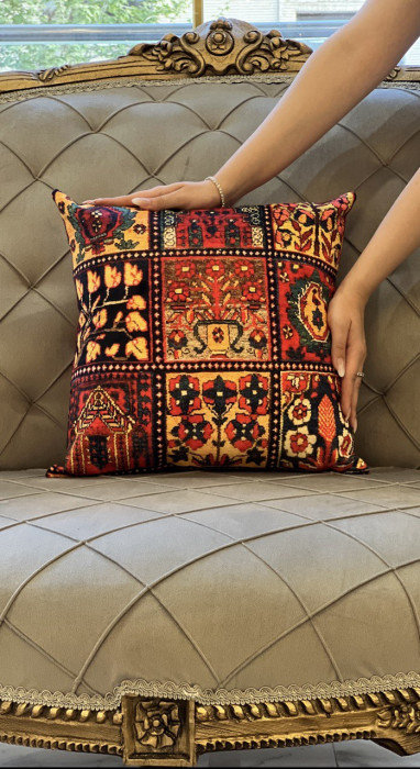 Square Throw Pillow, Rust/Gold/Black/Blue