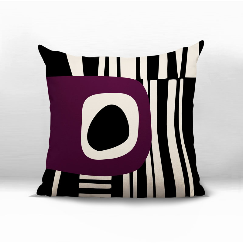 Oreiller carré réversible intérieur / extérieur Jina, H 15 po x l 15 po, Mauve / noir / blanc cassé abstrait