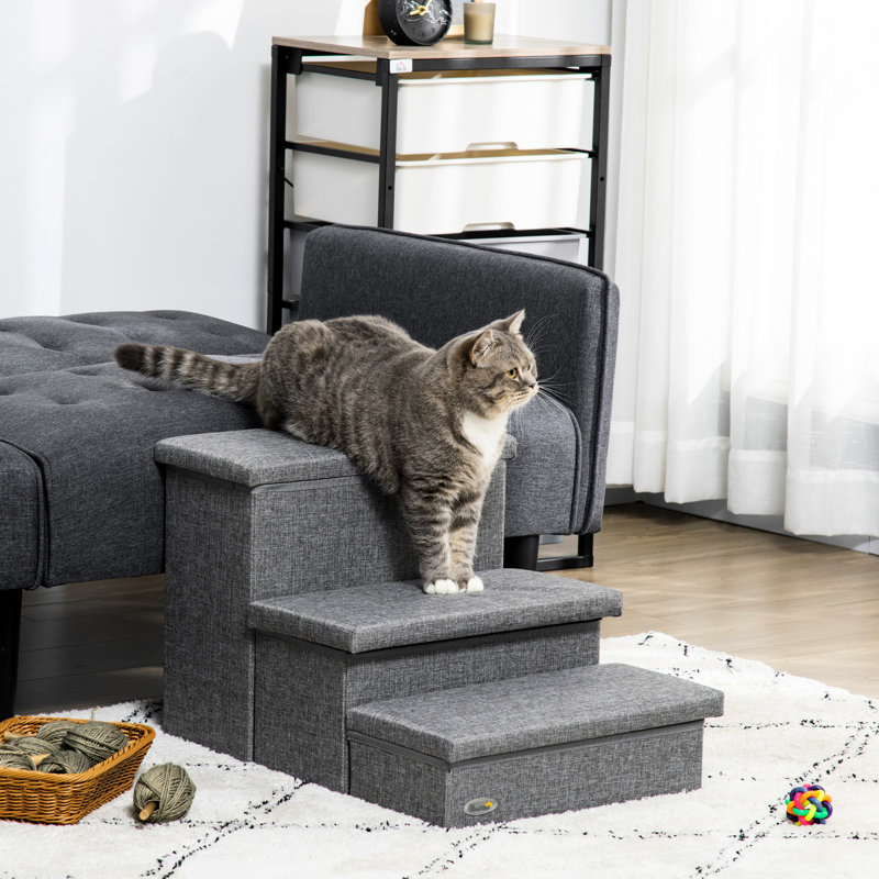 Gris 3 escaliers pour animaux avec rangement. Idéal pour les animaux plus agés et moins agiles. Fabrication robuste. Les dessus amovibles et efficaces aident les animaux de compagnie à atteindre un espace de rangement plus élevé en gris. Matériau faible parfait. Extra