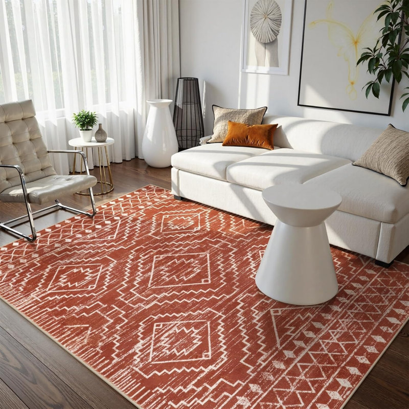 Terracotta White Tribal Diamond 5' x 7' Area Rug for Bedroom Hallway