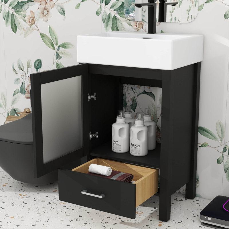 Meuble-lavabo de 20 po avec lavabo en céramique, meuble-lavabo autoportant de 20 po avec 1 grand tiroir et 1 porte à fermeture douce, armoire pour petit espace
