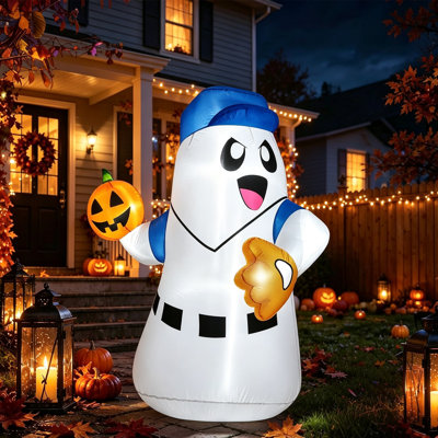 Halloween Inflatable Ghost Pitcher with LED Lights, Baseball Cap Ghost Throwing Glowing Pumpkin Ball,  for Yard Lawn Garden Outdoor Holiday Party