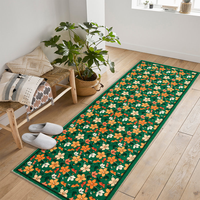 Tapis lavable Boho, Vert, Rectangle 9 pi x 12 pi