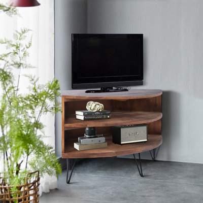Fan Shape Reclaimed Wood Corner Media Table
