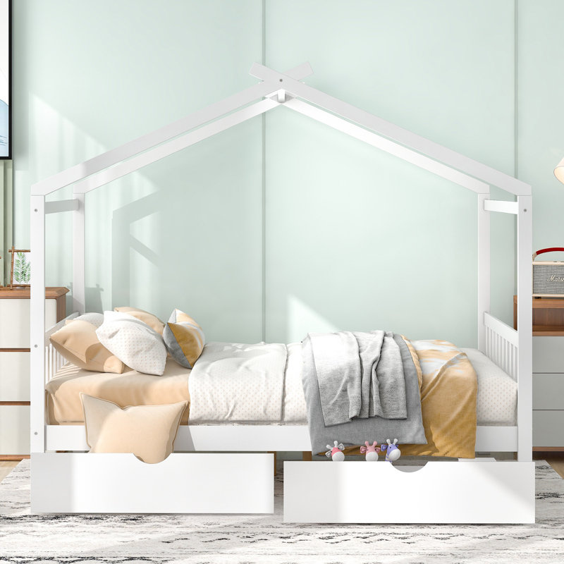 Lit plateforme double en bois pleine grandeur avec deux tiroirs, tête de lit, pied de lit et toit pour enfants, blanc