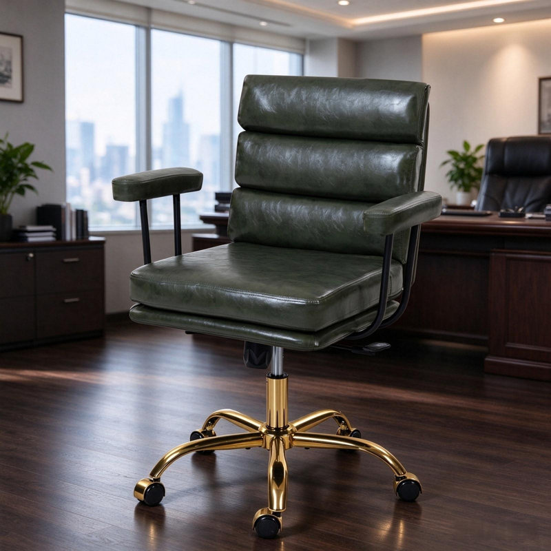 Green Faux Leather Executive Office Chair, Gold Metal Base, Adjustable Height Swivel Desk Chair with Padded Armrests & Wheels, 330 LBS Capacity