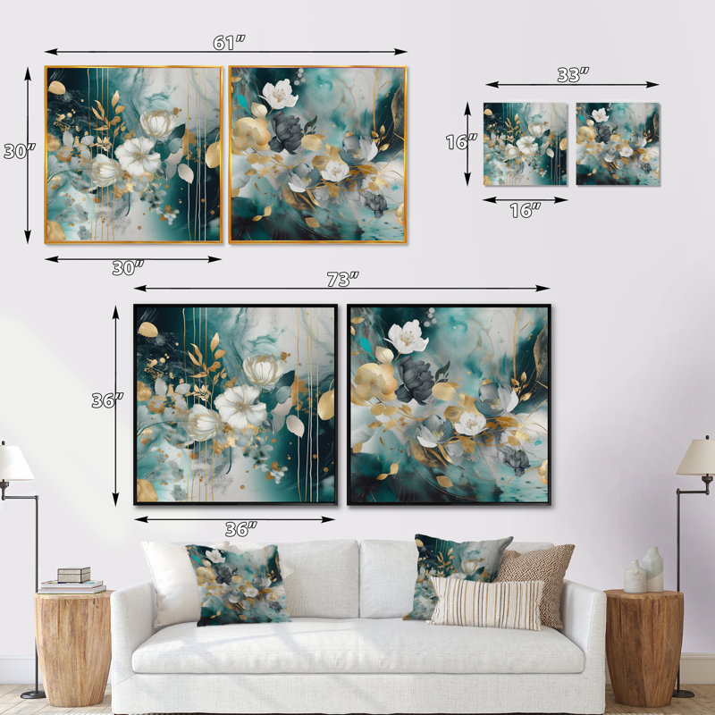 Ensemble de 2 fleurs dorées en marbre bleues - collage carré floral, Cadre flottant noir, H 16 po x l 33 po