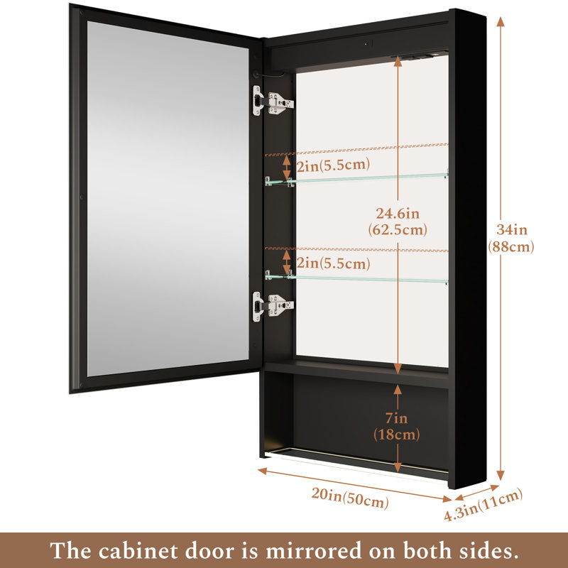 Armoire à pharmacie éclairée 20 "x 34" avec éclairage à 3 températures de couleur antibuée, 2 prises, 2 ports USB et tablette réglable