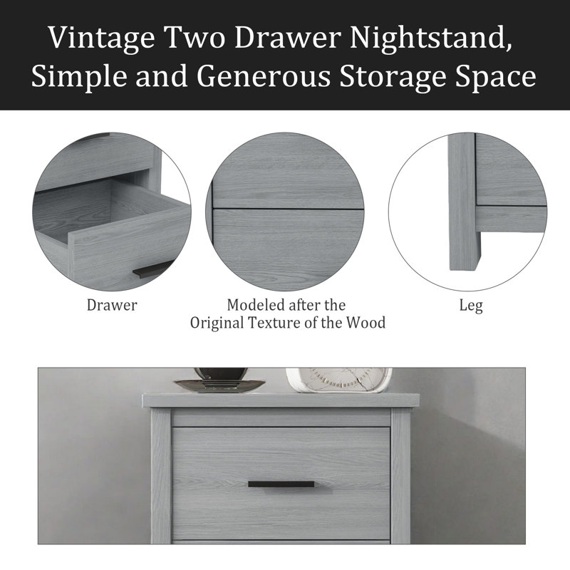 Table de chevet rétro à deux tiroirs, espace de rangement simple et généreux, Gris clair