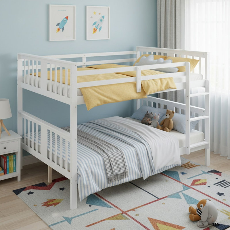 Lit superposé double en bois massif avec échelle pour chambre à coucher, Blanc