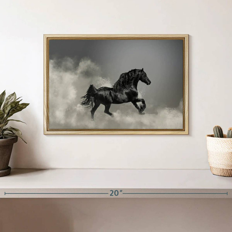 Cheval frison noir au galop, Cadre flottant en bois naturel, 13 po x 9 po