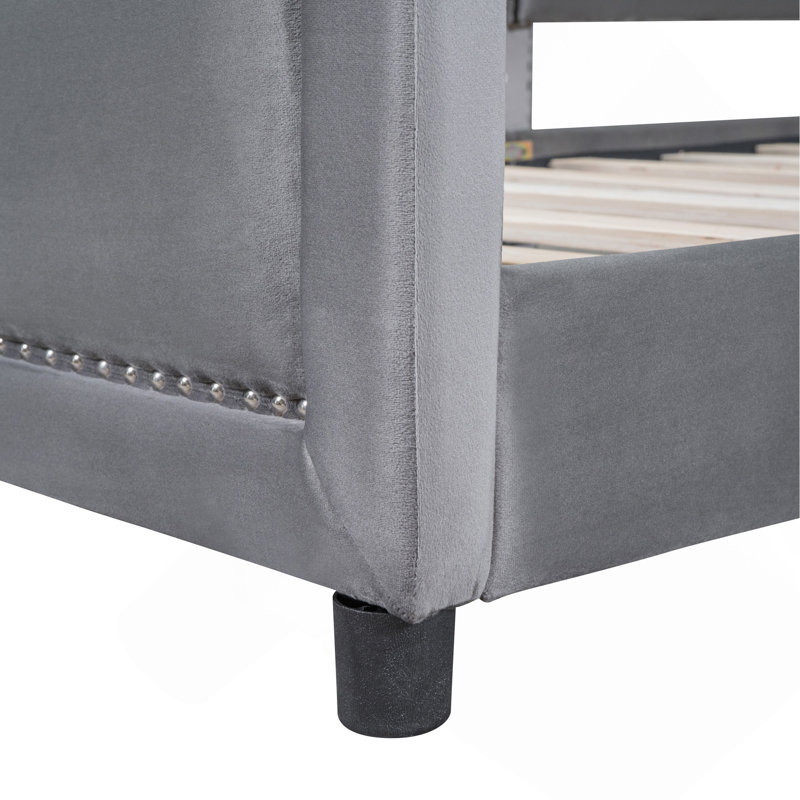 Lit de jour simple rembourré avec tête de lit à rayures classique, Gris