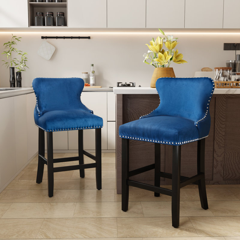 Modern Velvet Upholstered Bar Stools Counter Height Barstools Set of 2, Blue