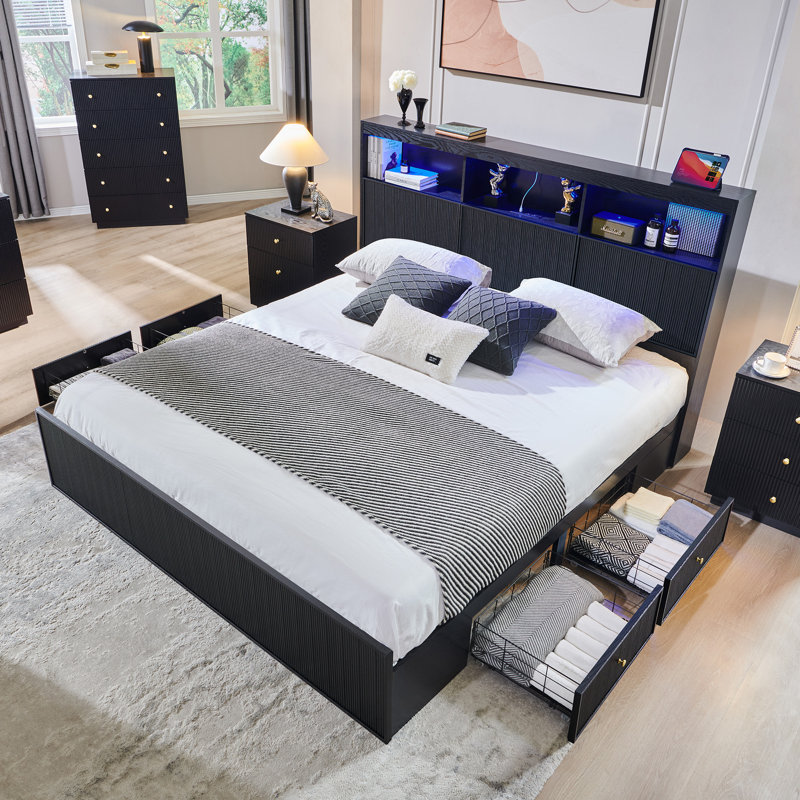 Bed Frame with Storage Headboard, LED Lights/Storage Headboard Charging Station, Modern 4-Drawers with Fluted King Size Wood Platform Bed Frame