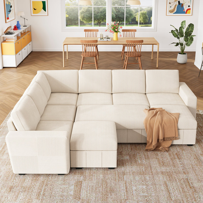 Canapé-lit modulaire avec repose-pieds Abramson   , Velours côtelé beige