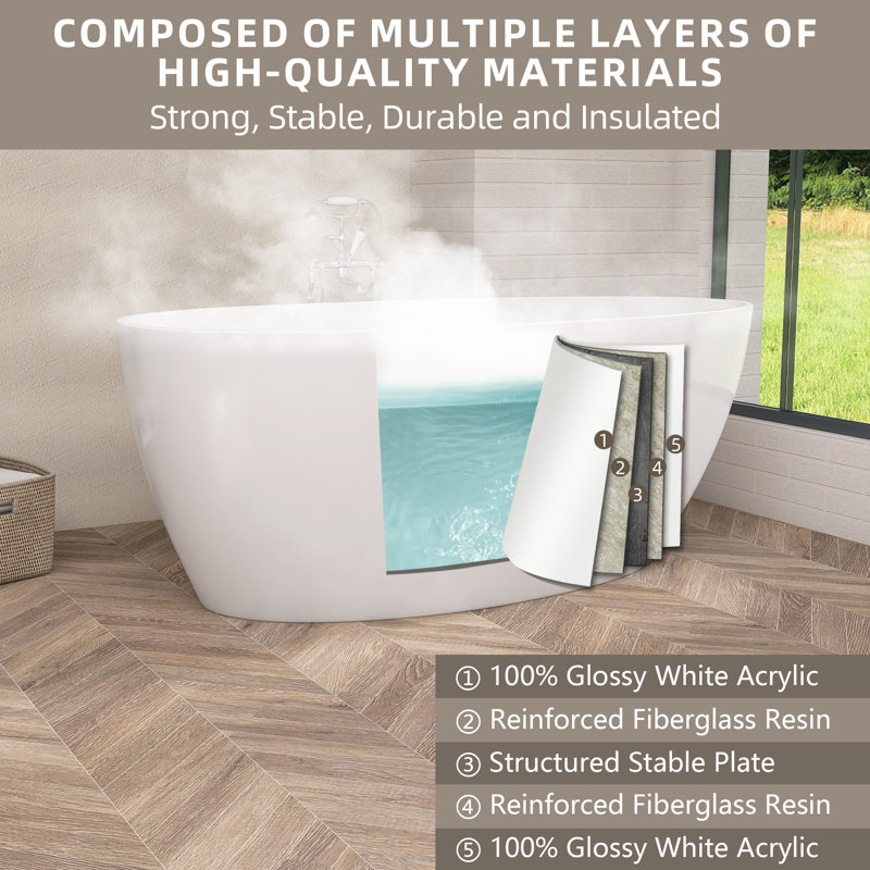 55'' Freestanding Oval Soaking Acrylic Bathtub