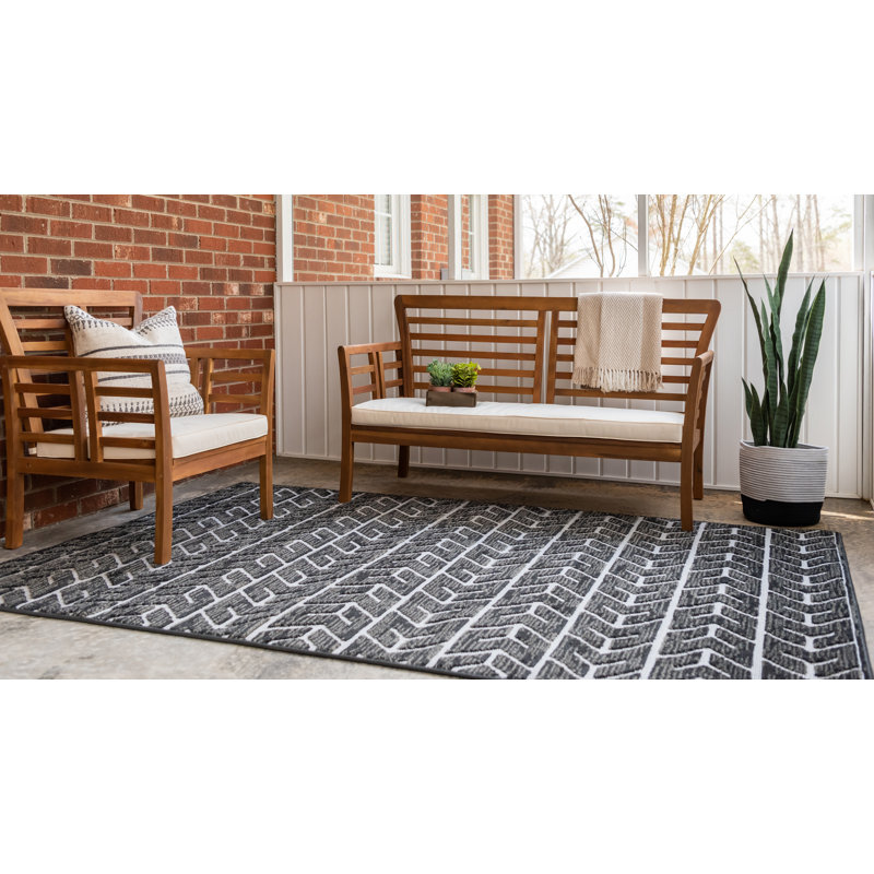 Striped Black Indoor/Outdoor Area Rug, Rectangle 9' x 12'2"