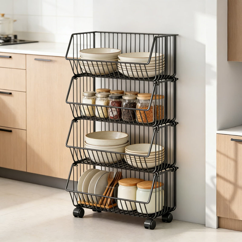 Panier de rangement empilable en métal à 4 niveaux avec roulettes, organisateur de garde-manger pour fruits, légumes, aliments et articles secs