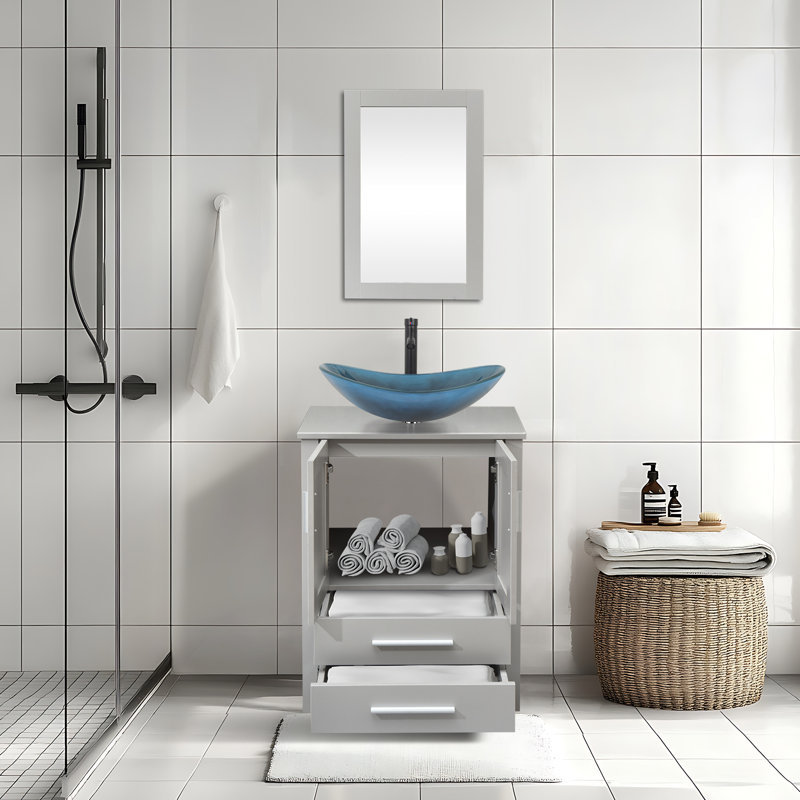 Ensemble de meuble-lavabo simple 24 po Allexus, Noir, Gris, Bleu / Noir