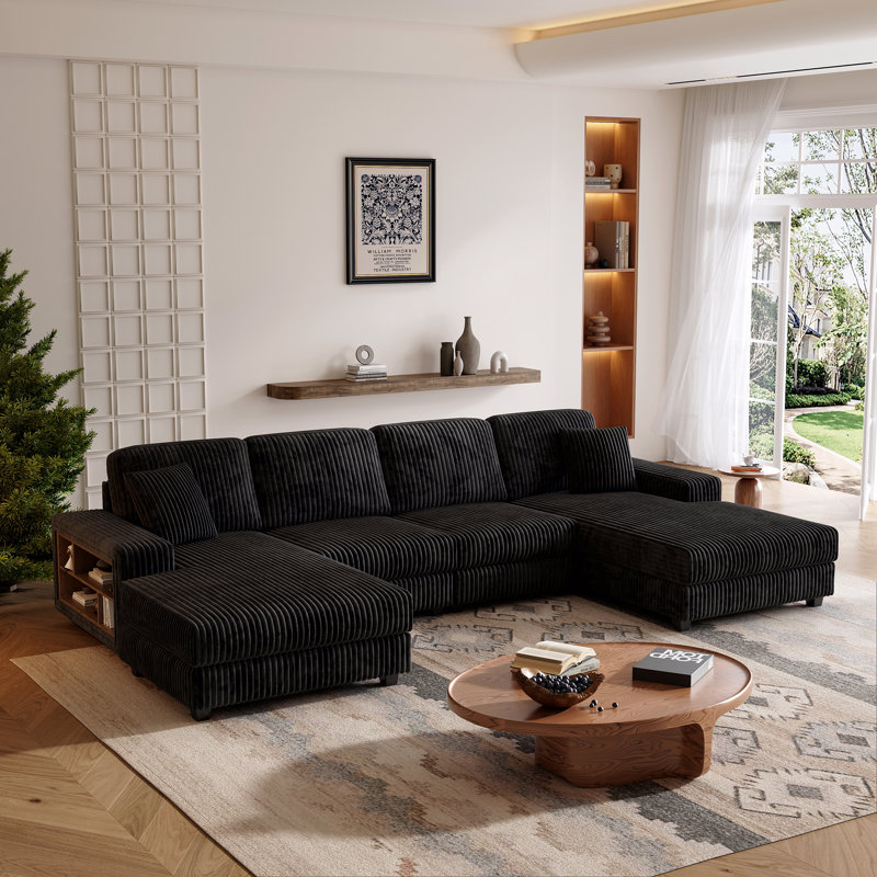 Canapé convertible combiné en forme de U, tissu velours côtelé, canapé moderne confortable de grande taille à 4 places, Noir