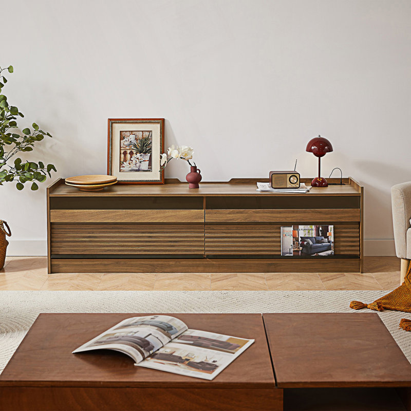 Meuble télé Mirod avec rangement spacieux, 4 tiroirs avec verre trempé, ports de charge intégrés et éclairage DEL ambiant, polyvalent pour tous les styles de décor