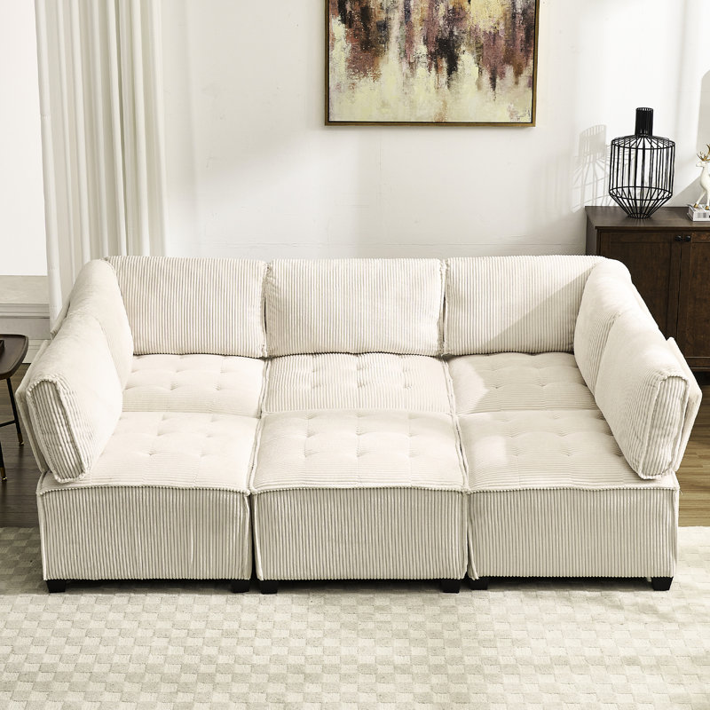 Canapé modulaire en forme de U à 6 places avec velours côtelé beige pour sièges décontractés, Beige