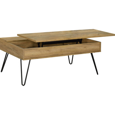 Golden Oak And Black Lift Top Coffee Table With Rectangular Configuration, Concealed Storage Space, Wood Frame Veneer, Natural Aesthetic, Metal Leg Ac