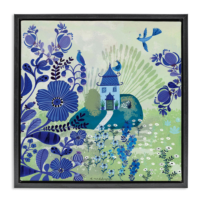 Whimsical Blue Garden Floating Frame, design by Kay Widdowson, Black, 18" H x  18" W