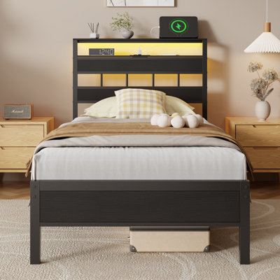 Twin Platform Bed Frame with 2-Tier Storage Shelves, LED Lights & Charging Station, No Box Spring Required
