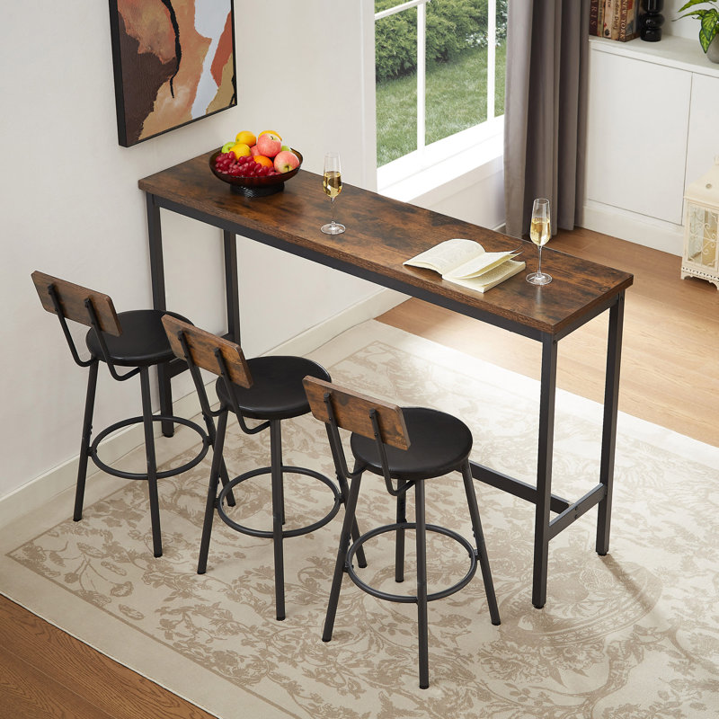 Long Bar Table Set With 3 PU Upholstered Bar Stools, Rustic Brown
