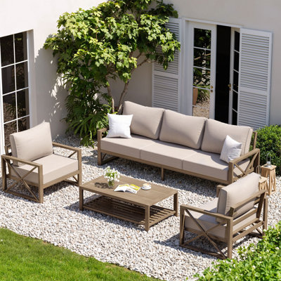 Modern Wood Grain 4 Piece Aluminum Patio Conversation Set with Olefin Cushions and Protective Covers