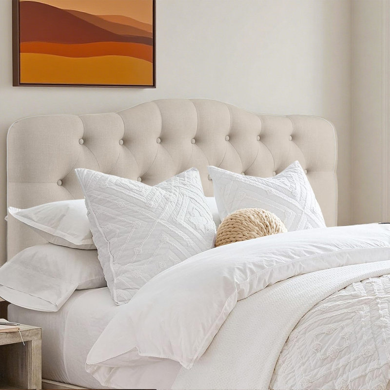 Tête de lit tapissier en lin à hauteur réglable, Beige, Grand