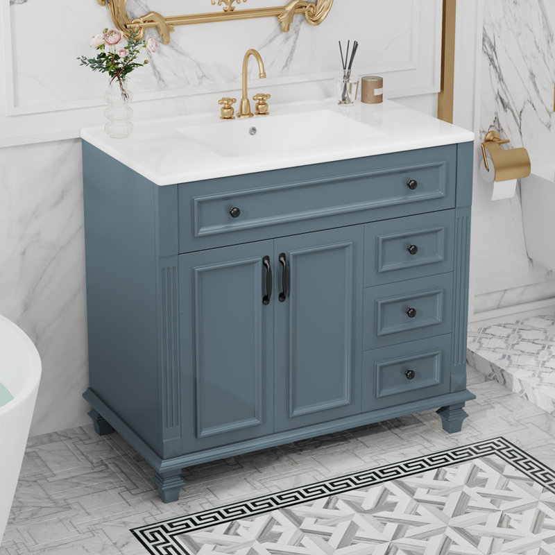 Meuble-lavabo 36 po avec lavabo, meuble-lavabo avec tiroir rabattable 36 po, 3 tiroirs, 2 portes à fermeture en douceur
