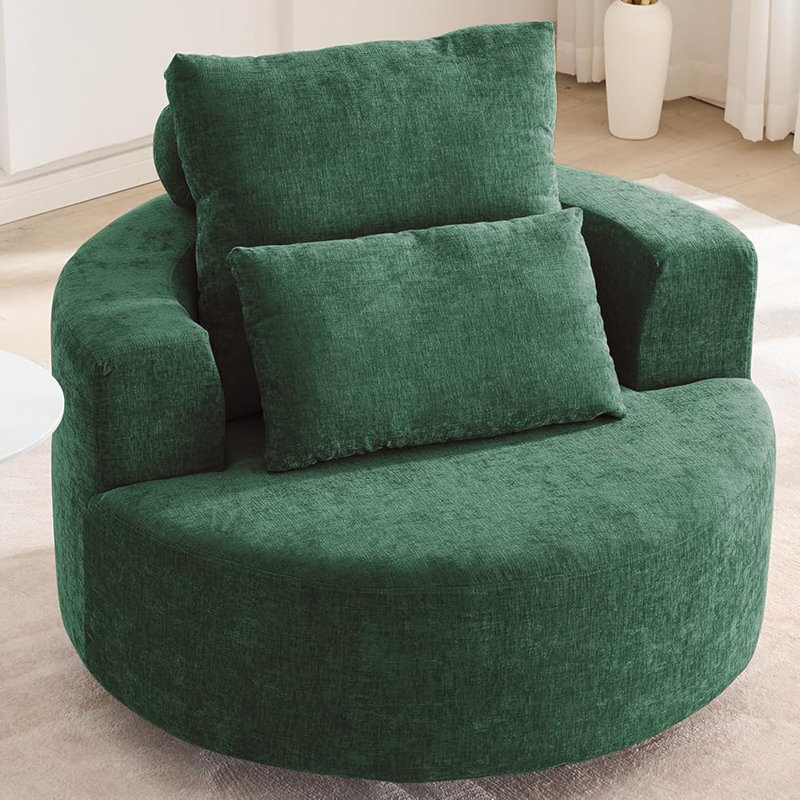 Oversized Barrel Accent Chair, 360° Swivel Round Upholstered Compression Sofa, Chenille High-Resilience Sponge, No Assembly Wide Seat
