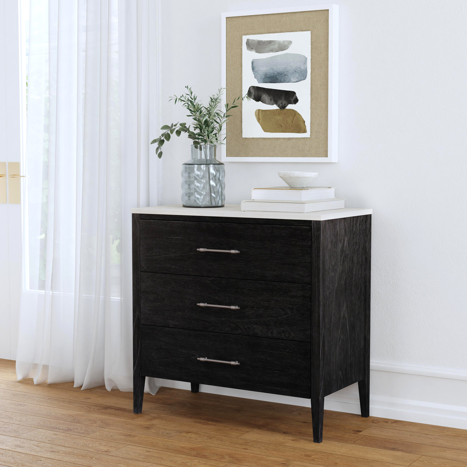 Isa Solid and Manufactured Wood 3-Drawer Accent Chest, Black