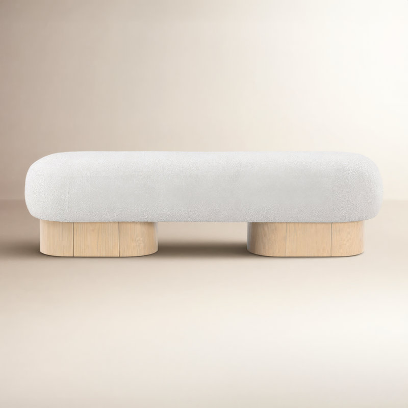 Banc rembourré en tissu Denyer, Chêne clair, Tissu crème bouclé