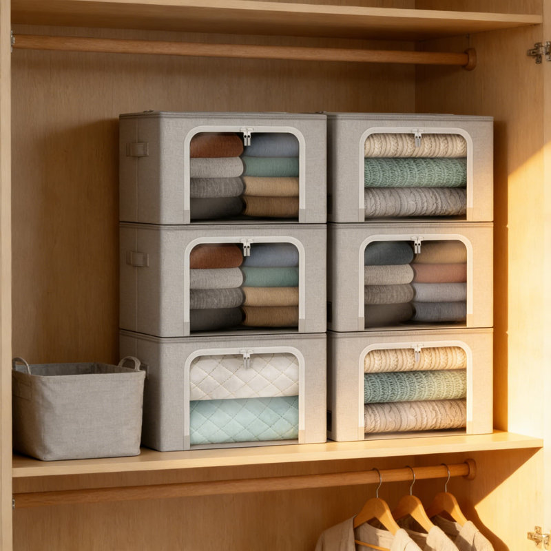 Stackable Storage Bins With Metal Frame - Foldable Clothes Organizer Bags With Clear Window - Oxford Fabric Storage Containers For Bedding, Clothing & Home Organization