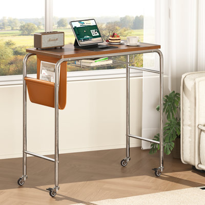 Bureau d'ordinateur roulant 27,6 po - Petit bureau d'écriture mobile avec roues verrouillables et sac de rangement latéral, bureau moderne en bois et en métal pour petits espaces | Bureau à domicile | Chambre à coucher, couleur noyer