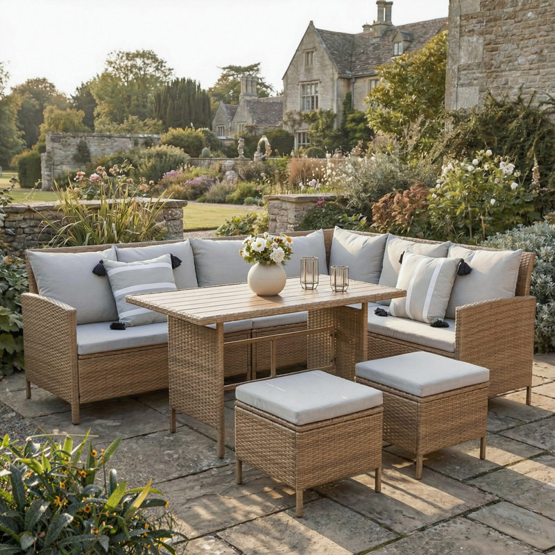 Wicker 7 - Person Garden Lounge Set with Cushions, Brown, Beige