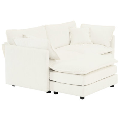 Chenille blanche 2 places avec coussins de repose-pieds, structure en bois massif, éponge, respirant en chenille, bois, rembourrage en éponge, modulaire en tissu