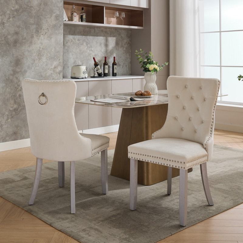 Chaises capitonnées Allena , Argent, Velours beige, 2