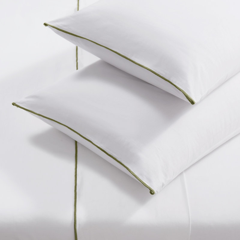 Ensemble de draps en percale 200 fils Brooklyn Loom, Blanc/vert, Ensemble de draps pour grand lit avec 2 taies d'or