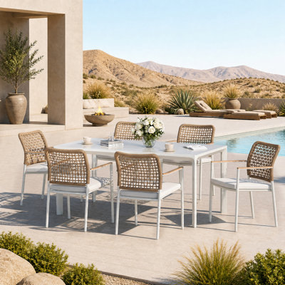 Coral 79'' 6-Person Outdoor Patio Alumiun Frame Teakwood Arm Dining Set With Rectangular Table