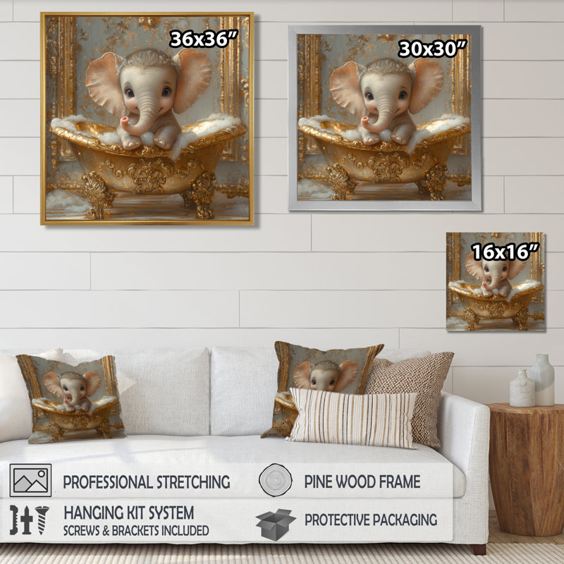 Kemarrion, un mignon éléphant assis dans une élégante baignoire dorée I - art mural de salle de bain pour le salon