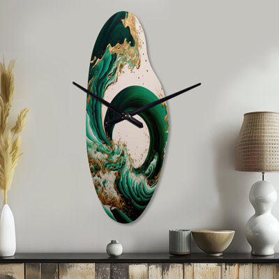Emerald Green And Gold Abstract Waves IV - Abstract Spirals Curved Metal Wall Clock, Modern Asymmetrical Wall Clock Print