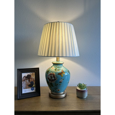 Blue Ceramic Table Lamp Butterfly Flowers For Living Room Bedroom Bedside 12"W*12"D*22"H
