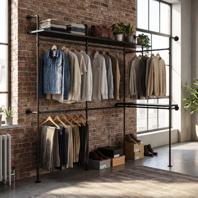 118.3'' W Straight or L-Shaped Industrial Pipe Walk-In Closet System with LED Lights, 6 Rods and 3 Shelves