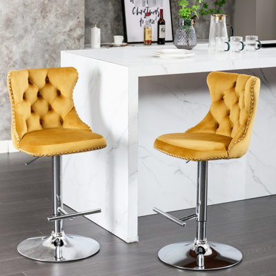 Tabourets de bar en velours doré, siège réglable de 25 à 33 pouces, base avec dossier, îlot de cuisine confortable pour la maison