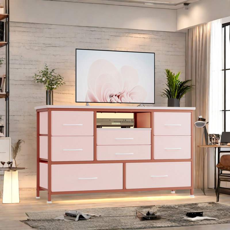 8 Dresser Tv Stand With Power Outlet & Led, Dresser For Bedroom With 8 Deep Drawers, Wide Console Table For Living Room, Entryway