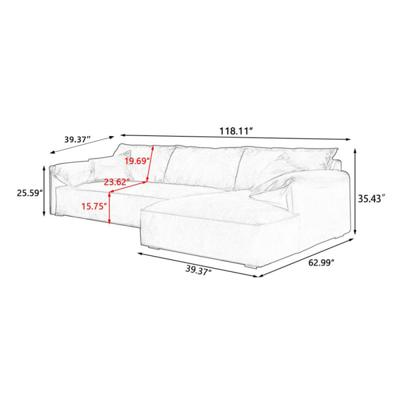 Canapé modulaire 2 pièces rembourré, Orienté à droite, 35.43" H x 118.11" W x 62.99" D
